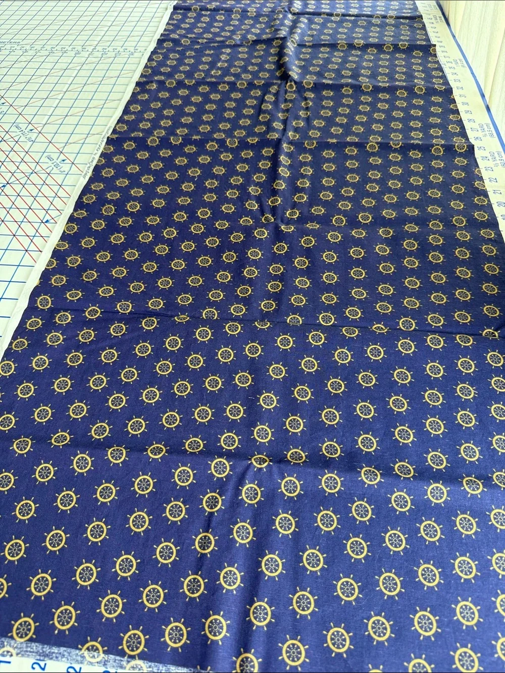 Vintage Joan Pace Baker Nautical Prints Cotton Fabric Ship Wheel Navy Gold